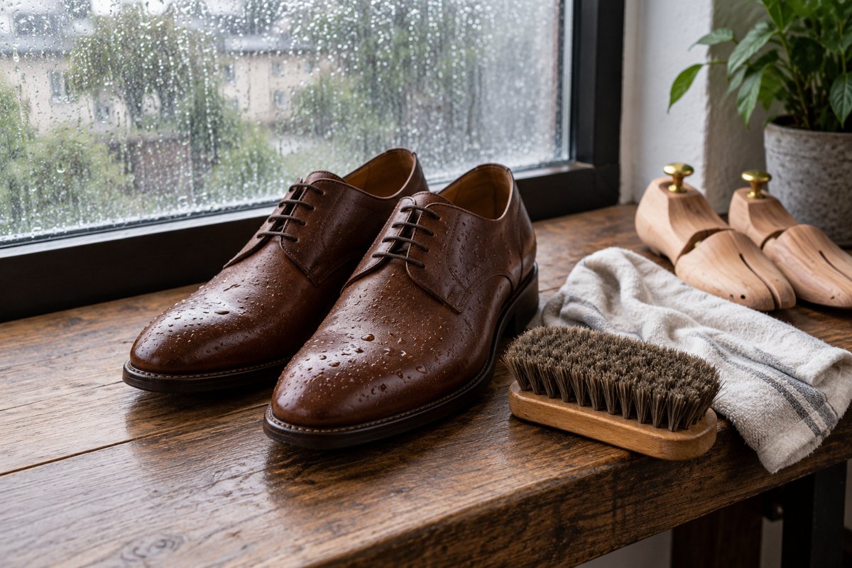 Brown leather shoes with rain droplets beside a soft cloth, brush and wooden shoe trees